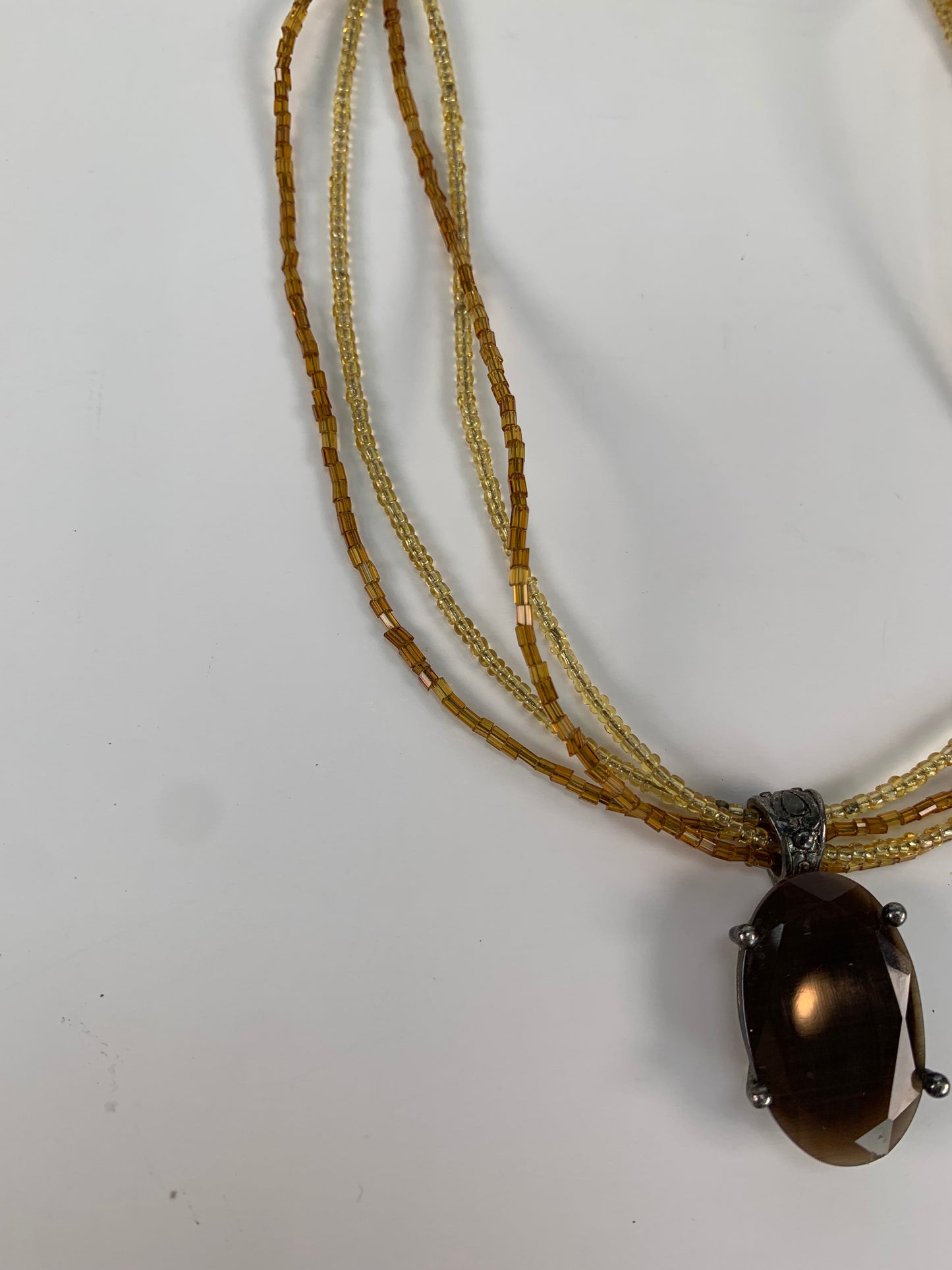 Vintage Jewelry - Five Strand Beaded Pendant Necklace - Faux Amber Rhinestone - Premier Design