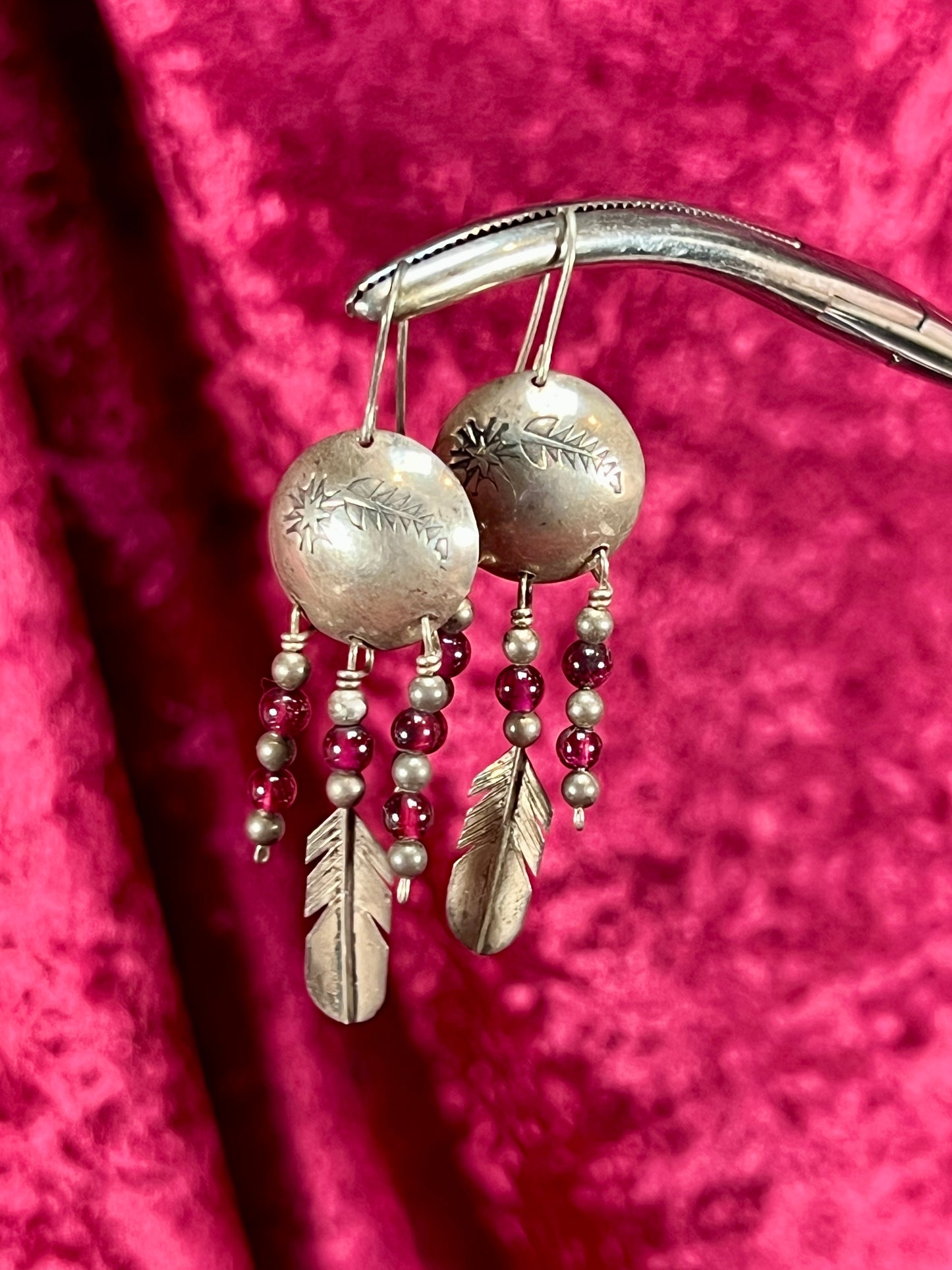 Vintage Jewelry - Dangle / Drop Earrings - Sterling Silver - Conchos with Red Beads and Feathers