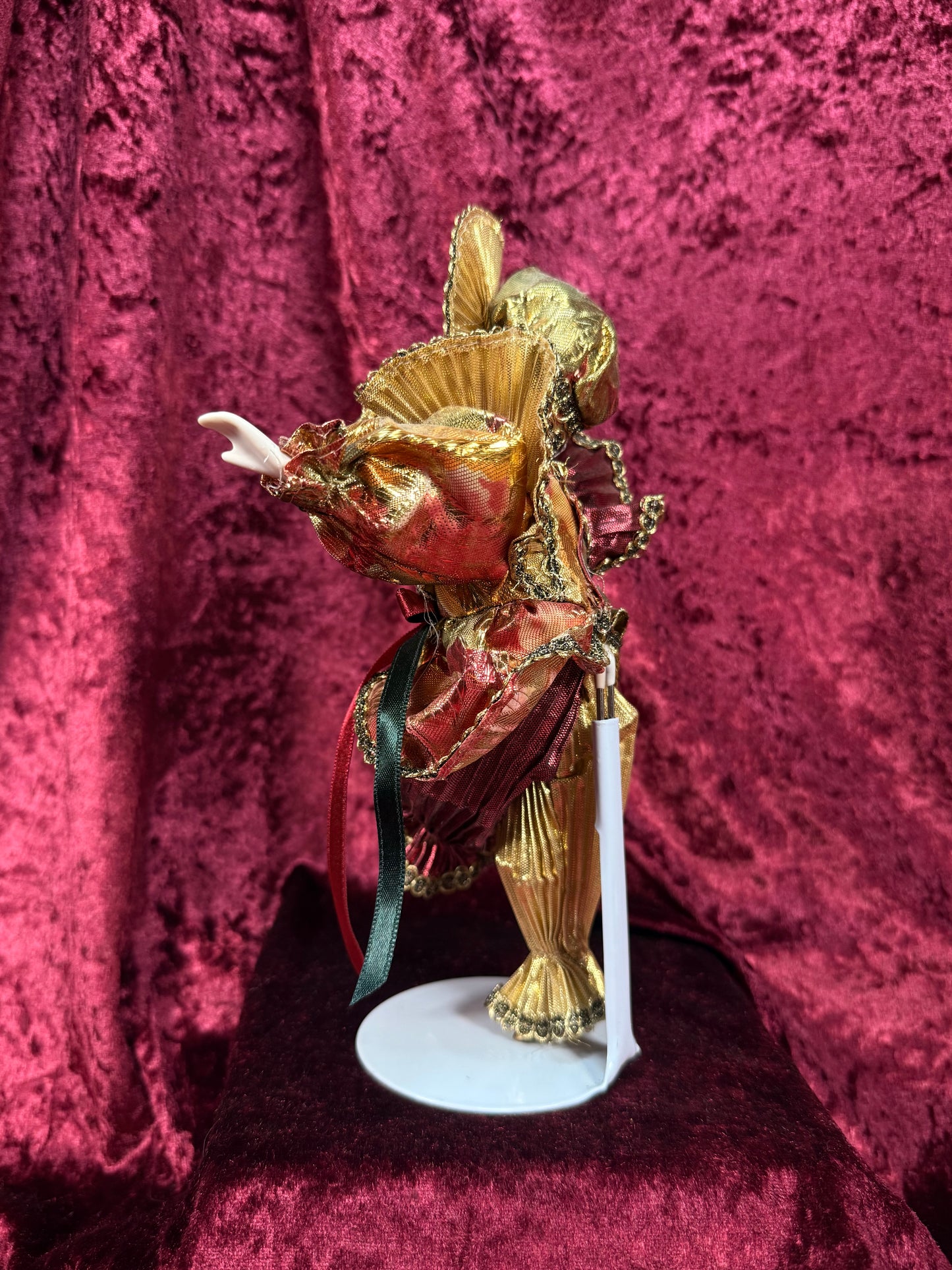 Vintage Porcelain Jester Doll – Metallic Pleated Costume Renaissance Figure - Red and Gold