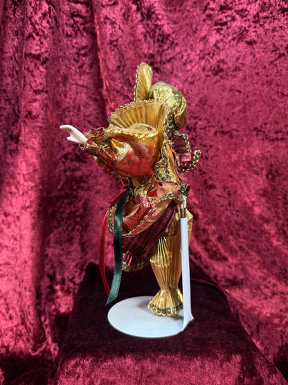 Vintage Porcelain Jester Doll – Metallic Pleated Costume Renaissance Figure - Red and Gold