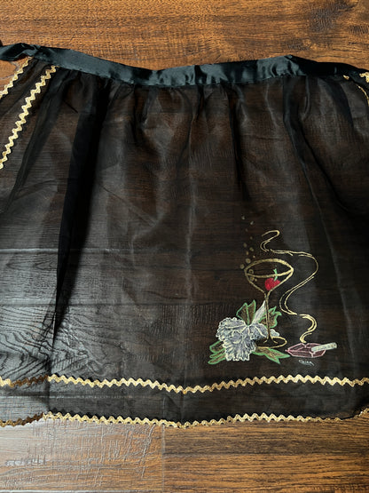 Vintage Mid Century Sheer Black Half Apron — Hand Painted Martini Cigarette with Gold Trim