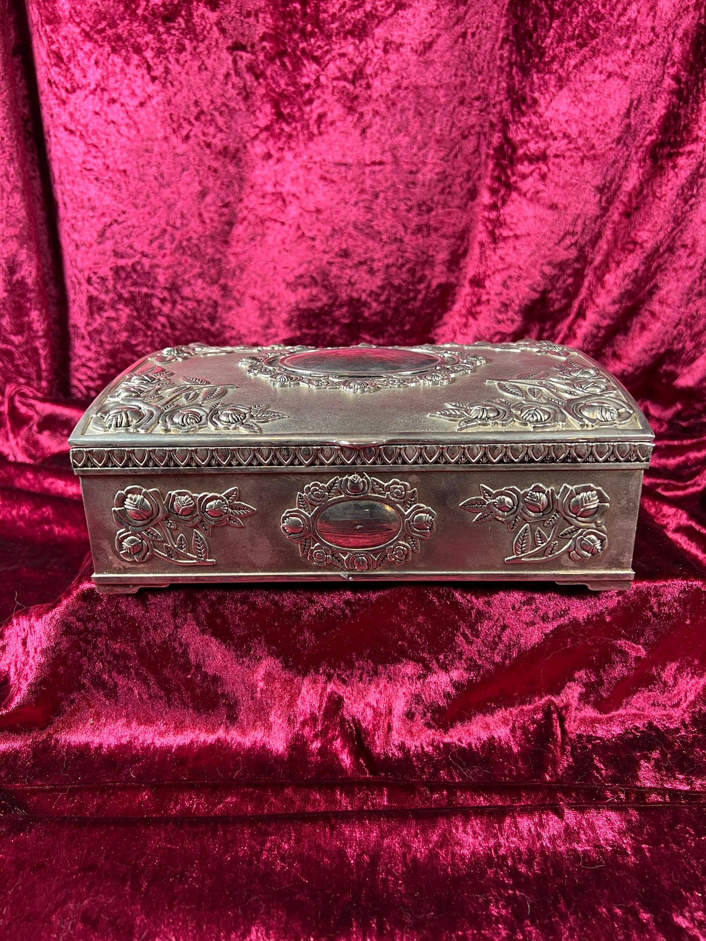 Vintage Vanity - Large Jewelry Box - Ornate Silver Rose Filigree - Red Felt Lining
