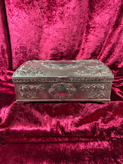 Vintage Vanity - Large Jewelry Box - Ornate Silver Rose Filigree - Red Felt Lining