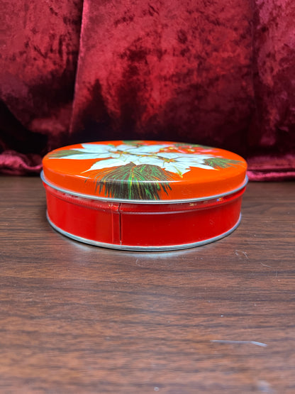 Vintage Christmas - Metal Storage Tin - White Poinsettias and Mistletoe
