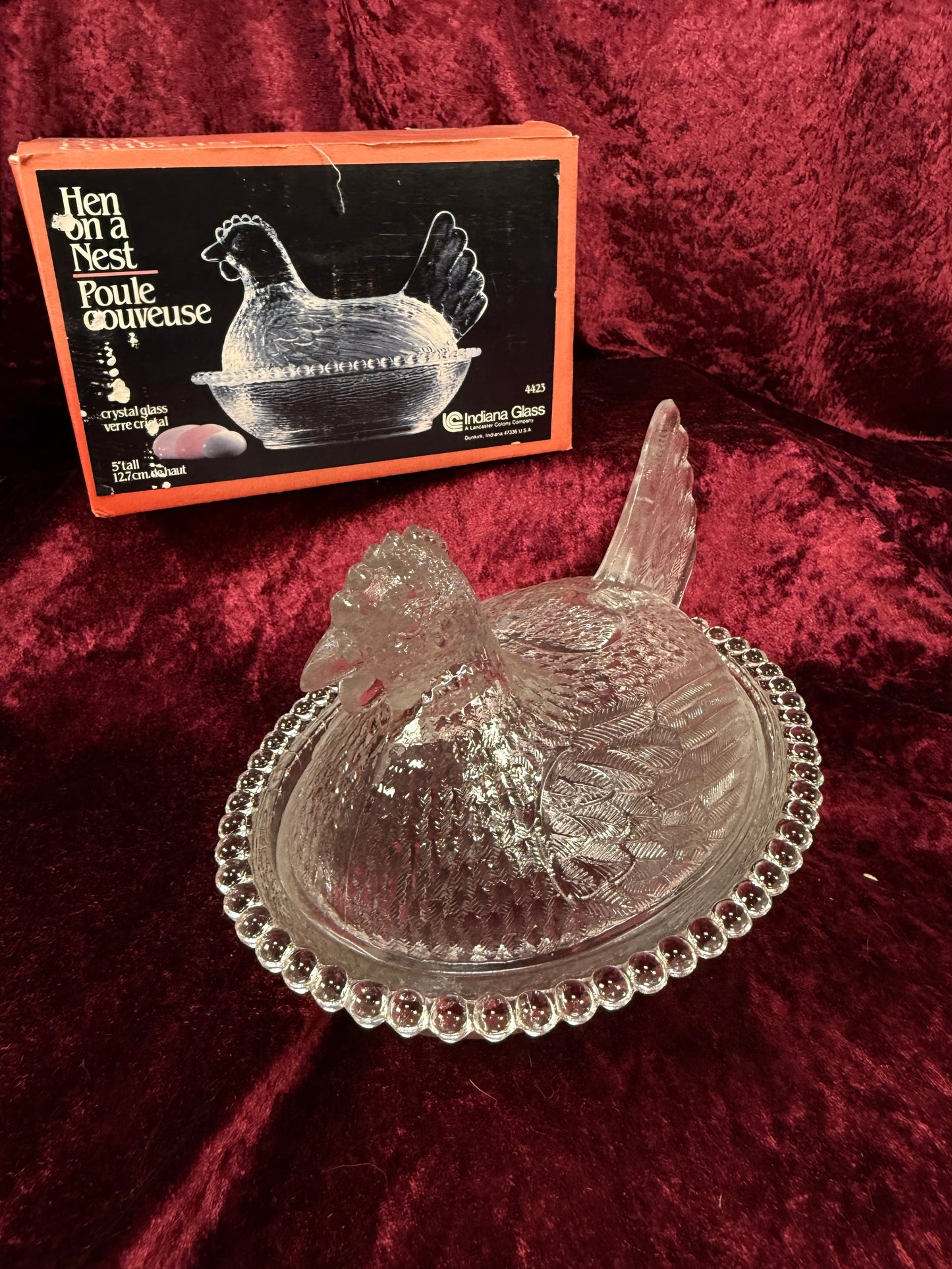 Vintage Crystal Glass Hen on Nest Dish – Beaded Rim Covered Candy Bowl with Original Box
