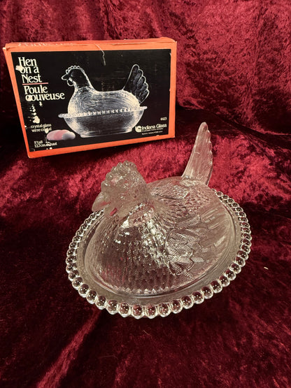 Vintage Crystal Glass Hen on Nest Dish – Beaded Rim Covered Candy Bowl with Original Box