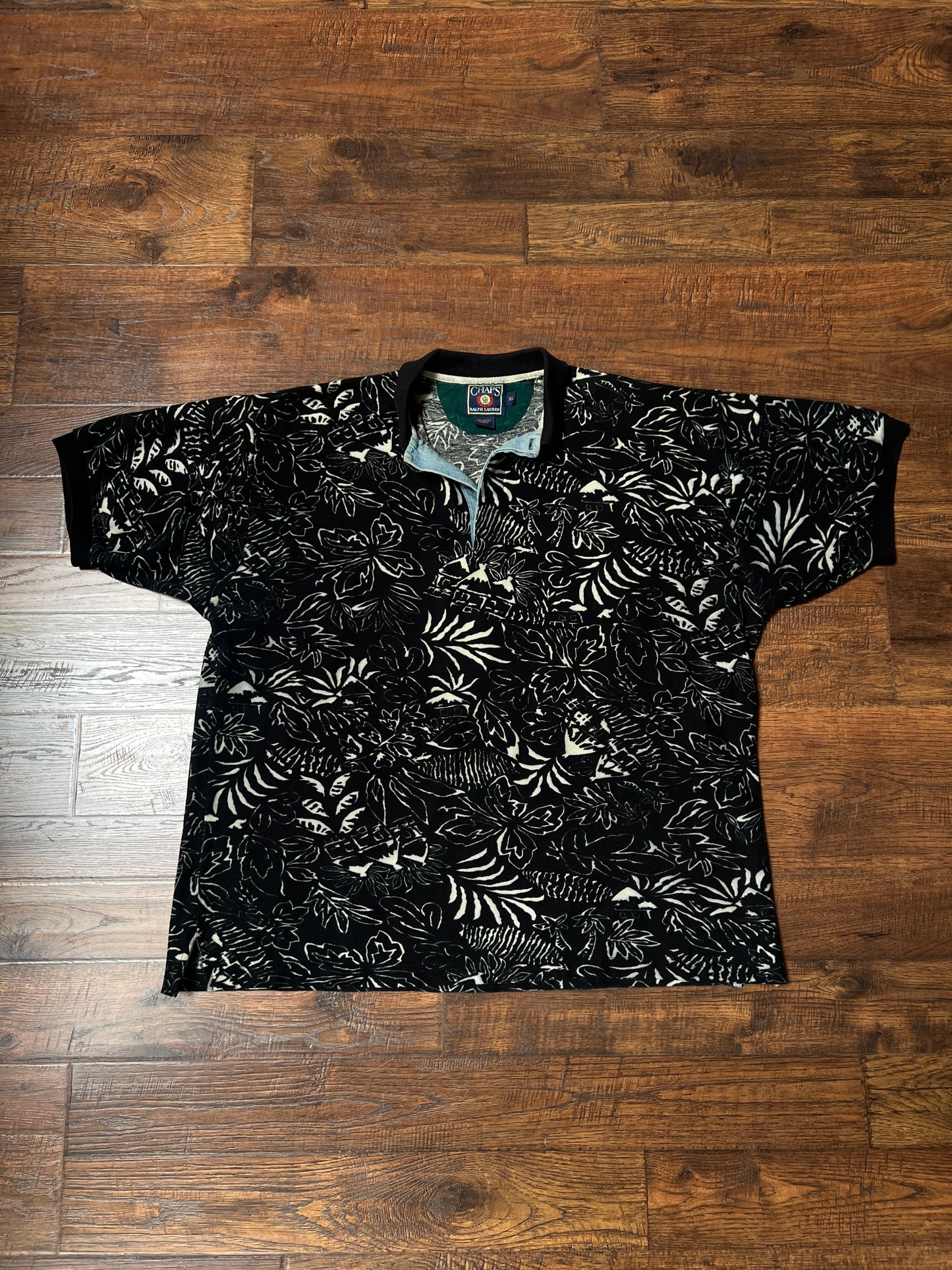 Vintage 1990s Chaps Ralph Lauren Cotton Polo Shirt – Black Tropical Print – X-Large