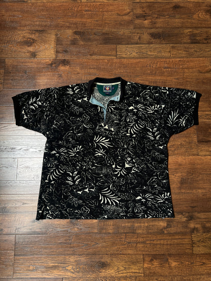 Vintage 1990s Chaps Ralph Lauren Cotton Polo Shirt – Black Tropical Print – X-Large