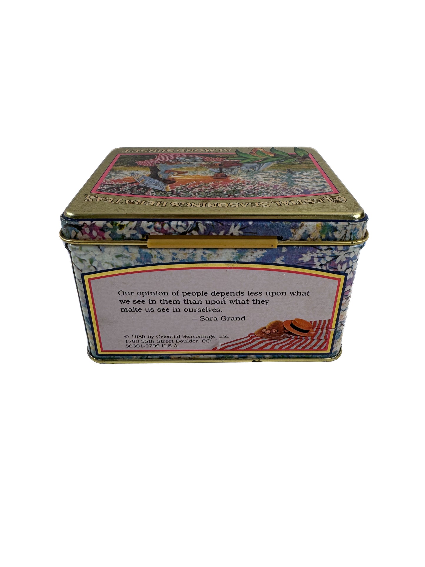 Vintage Tea Tin - Celestial Seasonings Almond Sunset - 1985 Sara Grand Herb Box