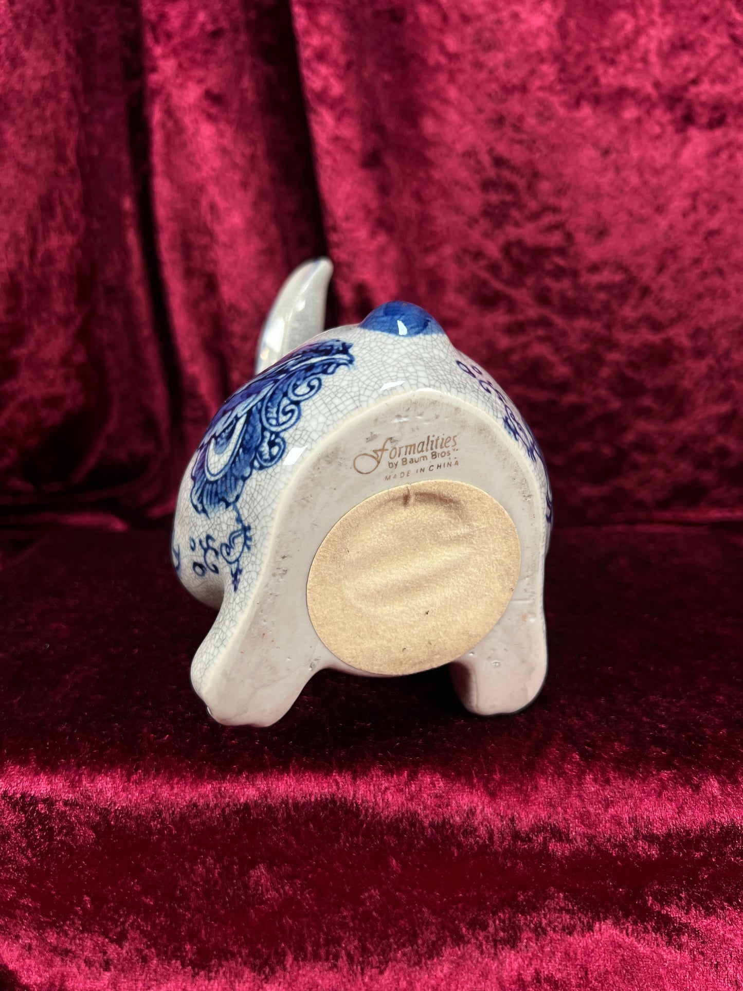 Vintage Ceramic Rabbit Figurine - Blue and White Floral Crackle Finish - Baum Bros