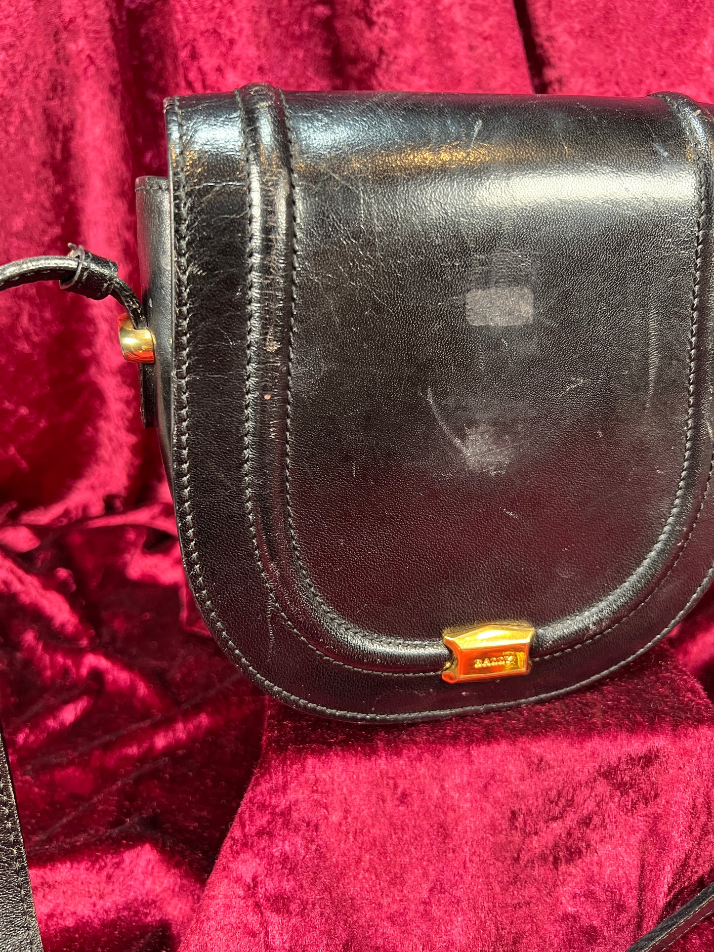 Vintage Black Leather Crossbody Bag - Bally Italy Saddle Purse
