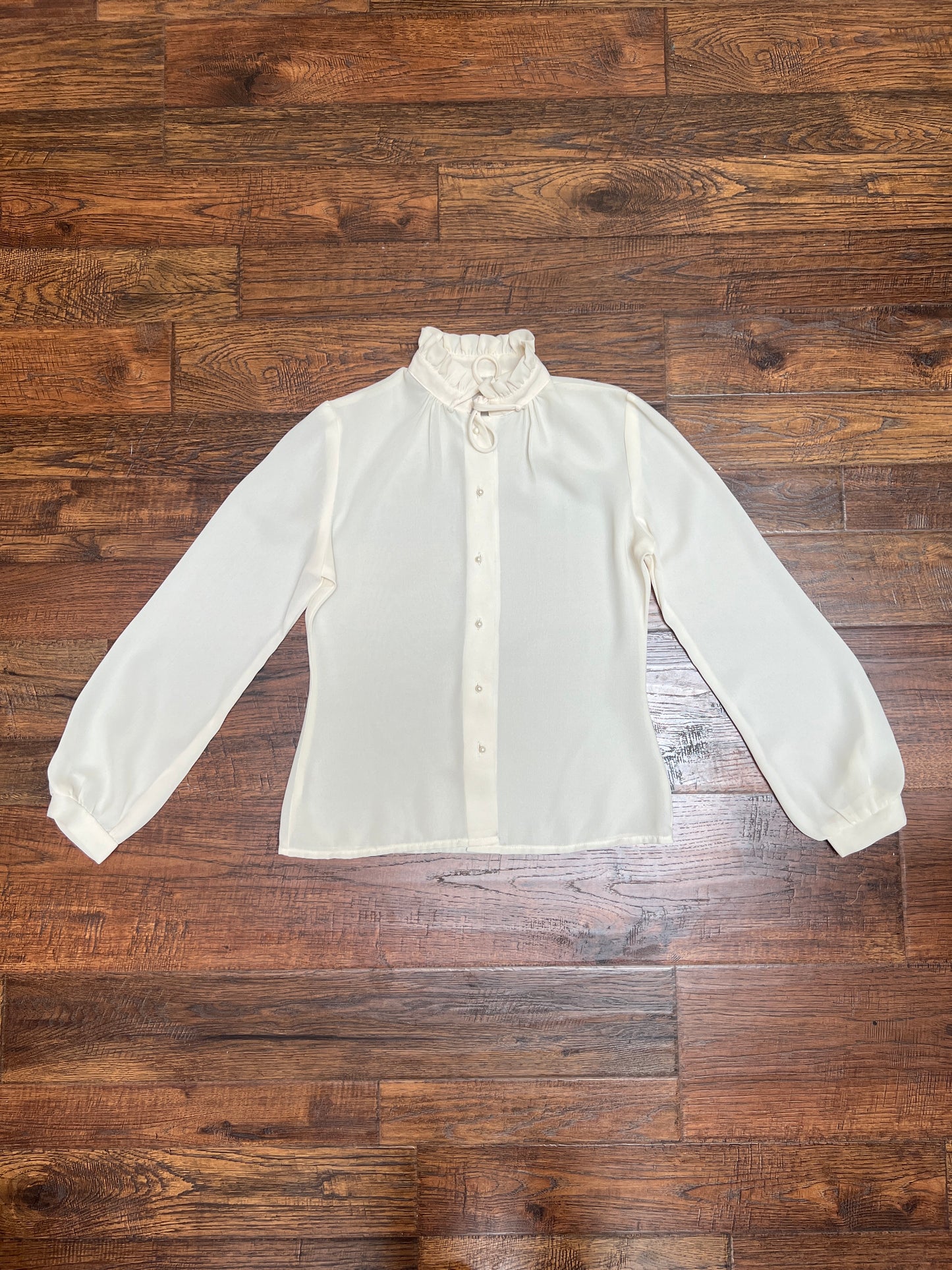 Vintage Clothing - Semi-Sheer Button Front Blouse - Frilly Collar - Cream - Small