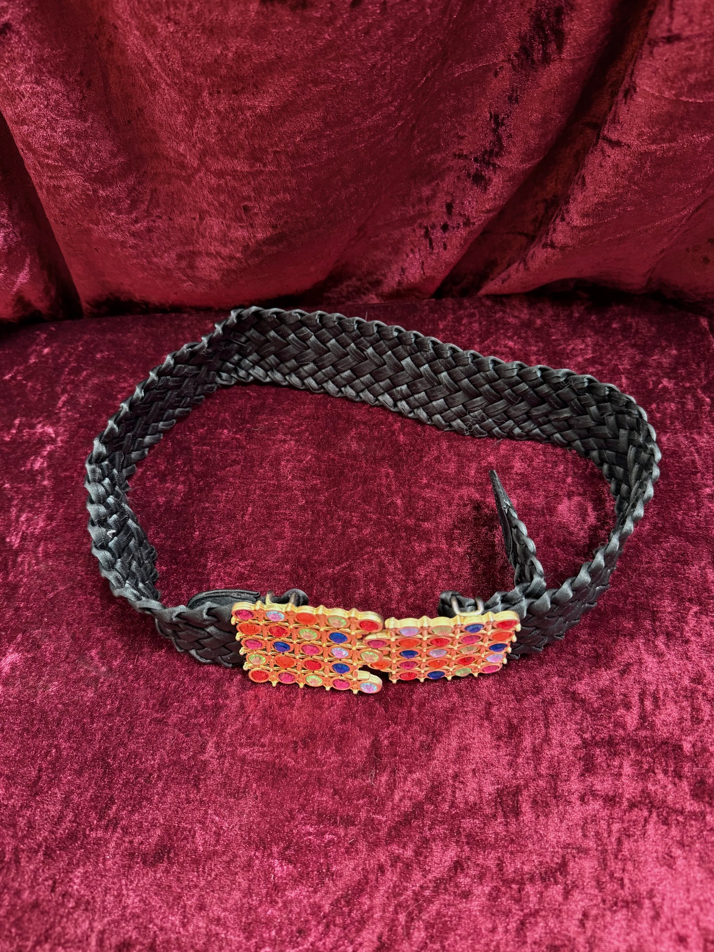 Vintage Accessories - Rainbow Gemstone Belt Buckle on Woven Black Belt - 27”