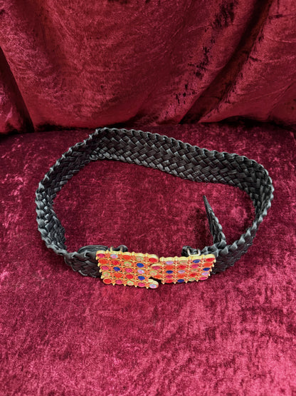 Vintage Accessories - Rainbow Gemstone Belt Buckle on Woven Black Belt - 27”