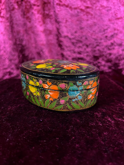 Vintage Papier Mache Trinket Box - Hand Painted Floral Kashmir Style