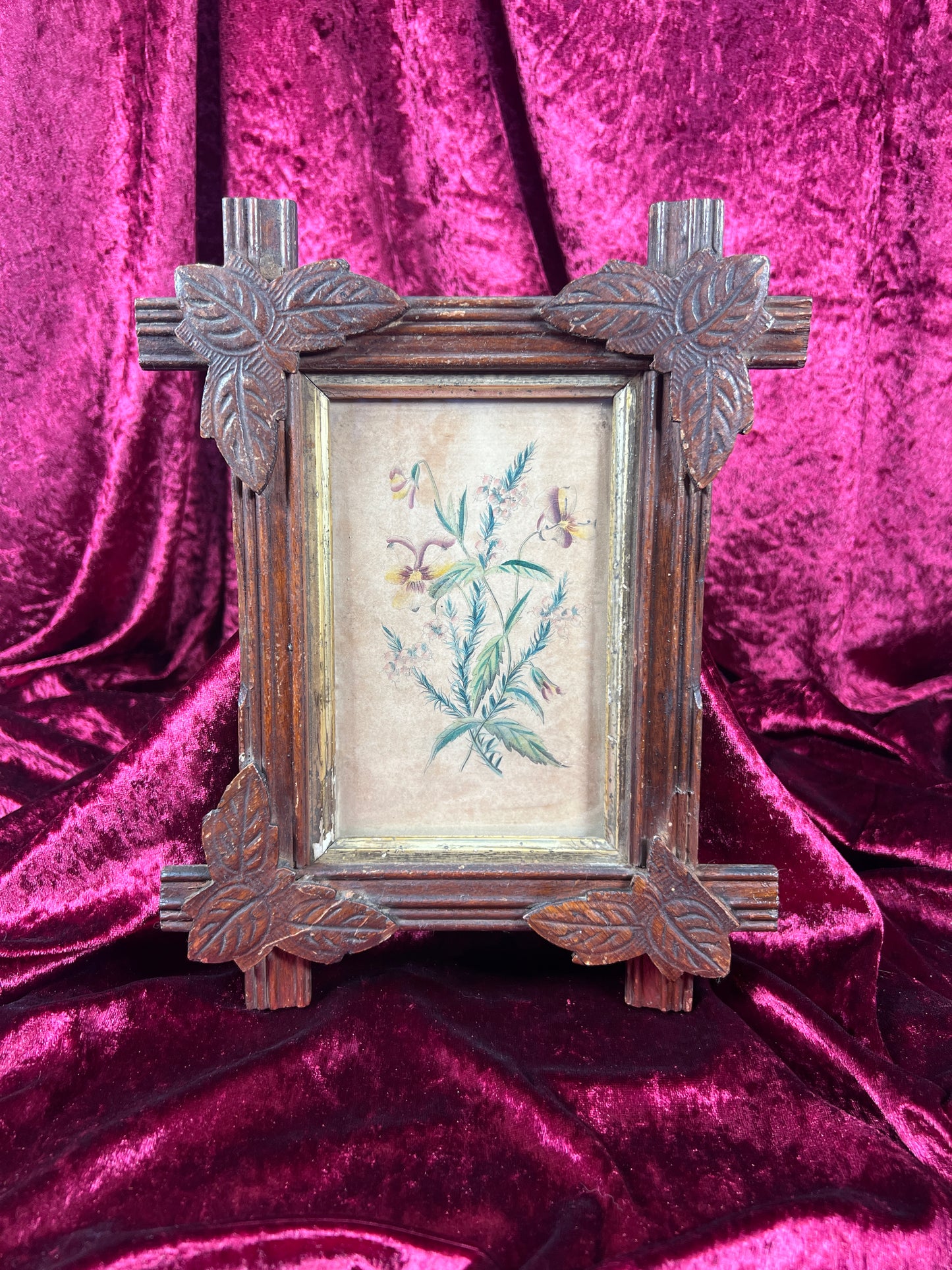 Vintage Wall Art - Antique Black Forest Style Frame - Spring Florals Illustration