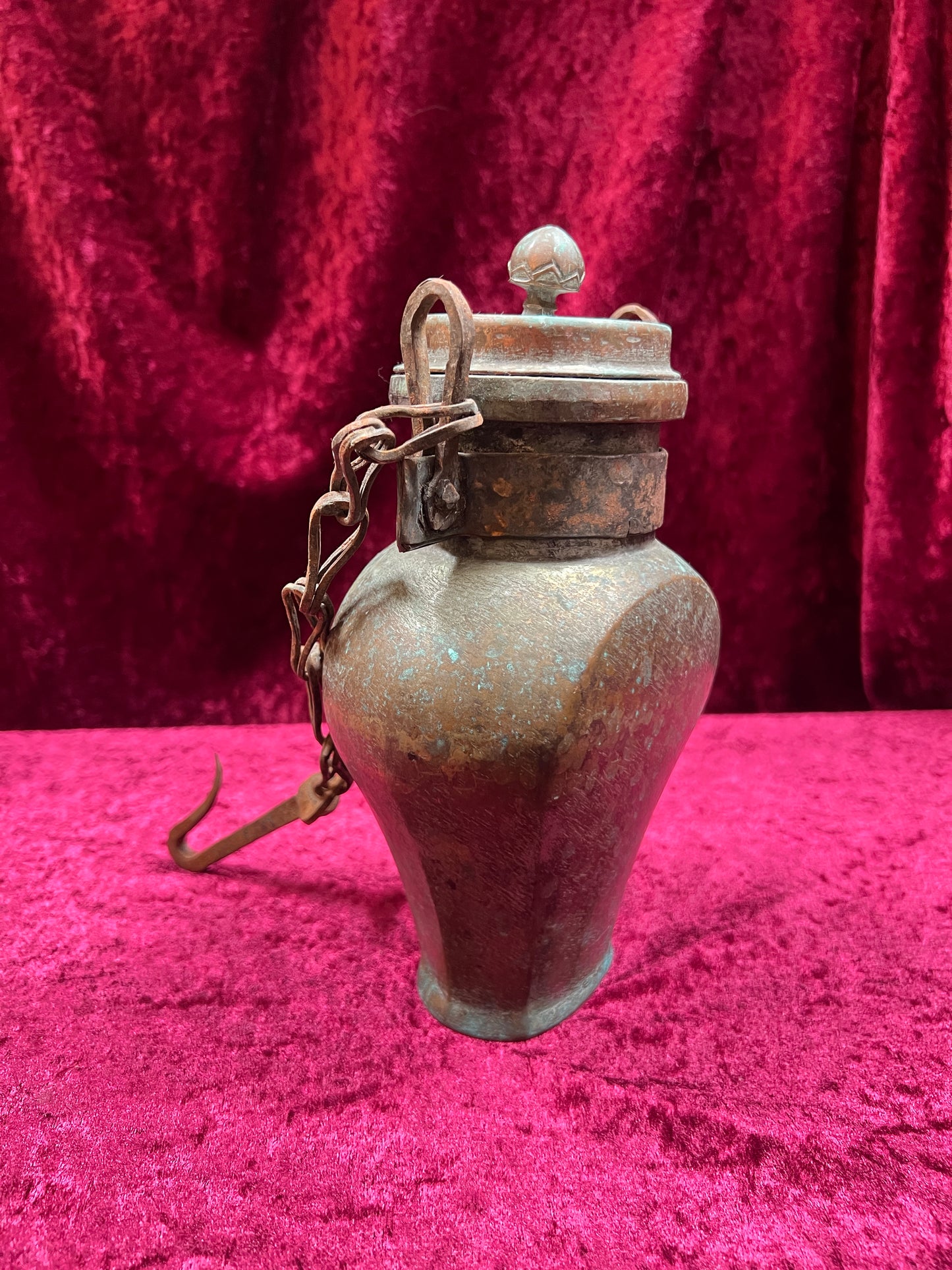 Vintage Oddities - Antique Copper Lidded Vessel with Iron Wood Hook