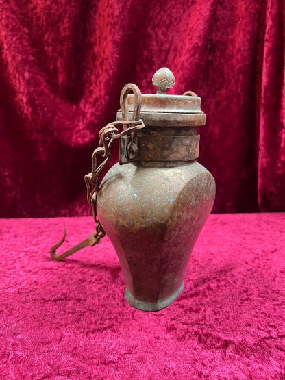 Vintage Oddities - Antique Copper Lidded Vessel with Iron Wood Hook