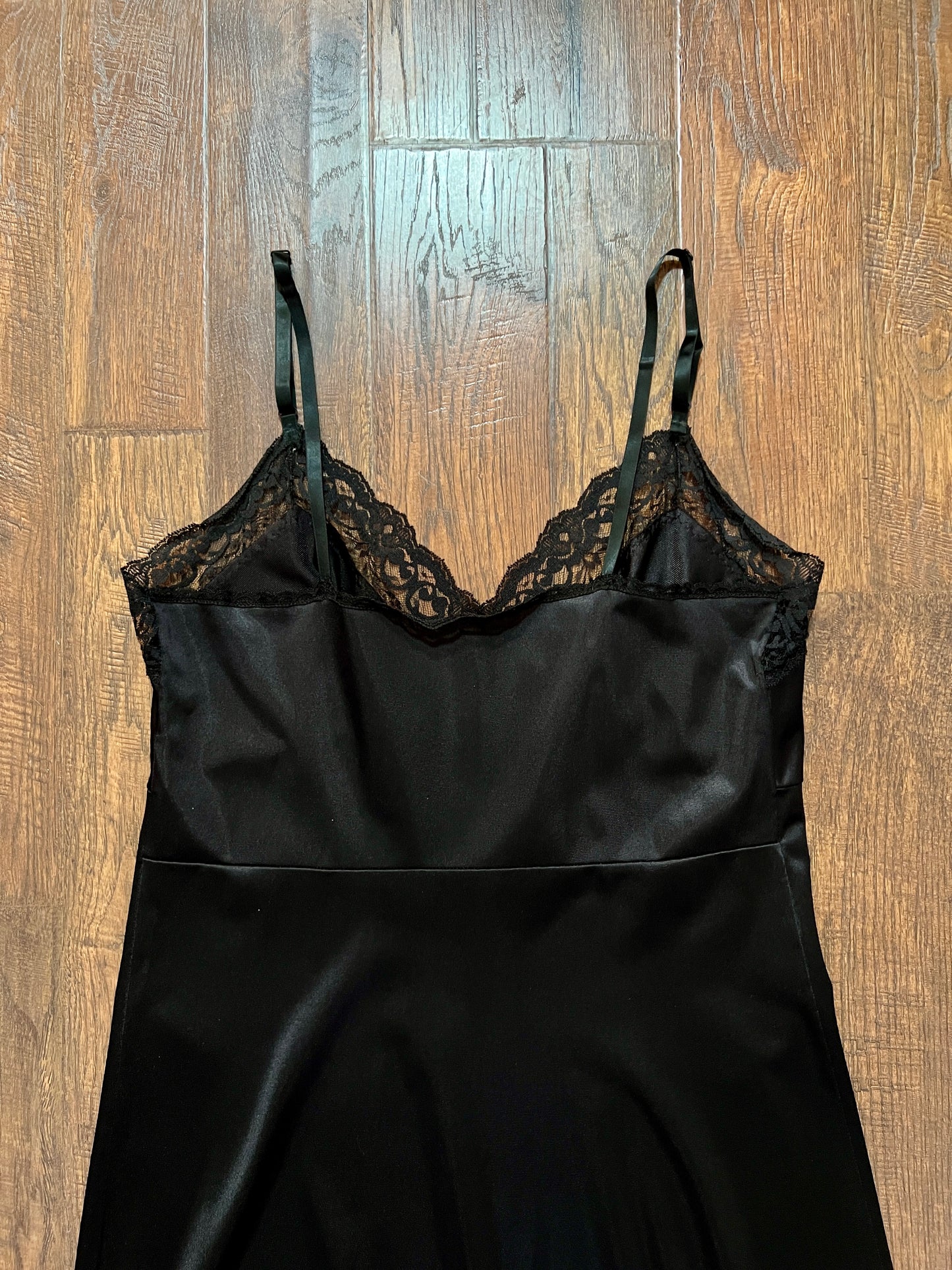 Vintage Nylon Spaghetti Strap Slip Dress - Black Lace Trim Nightgown