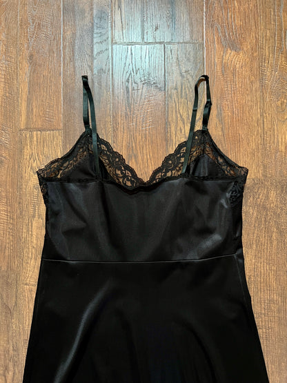 Vintage Nylon Spaghetti Strap Slip Dress - Black Lace Trim Nightgown