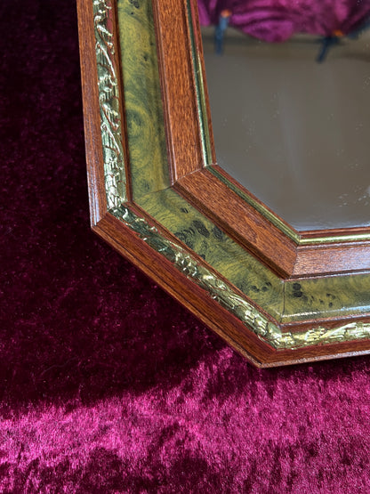 Vintage Wood Wall Mirror - Octagonal Faux Burlwood Accent Frame