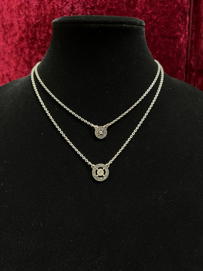 Vintage Silver Tone Double Chain Necklace – Round Rhinestone Pendants