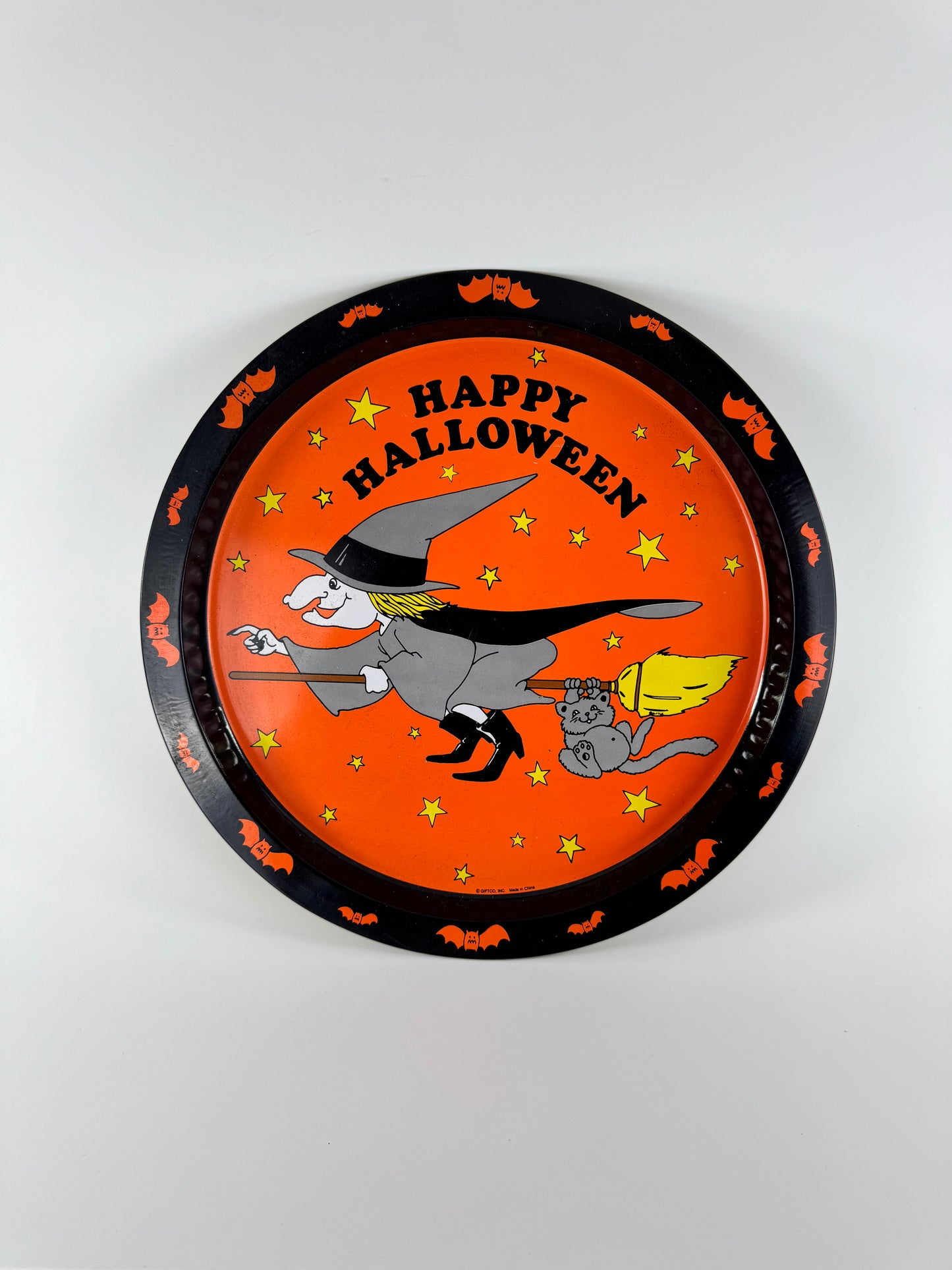 Vintage Giftco Inc. Metal Halloween Tray | Happy Halloween | Witch & Cat