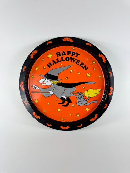 Vintage Giftco Inc. Metal Halloween Tray | Happy Halloween | Witch & Cat