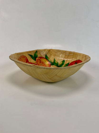 Vintage Woven Bamboo Bowl - Orange Fruits Bright Retro Pattern