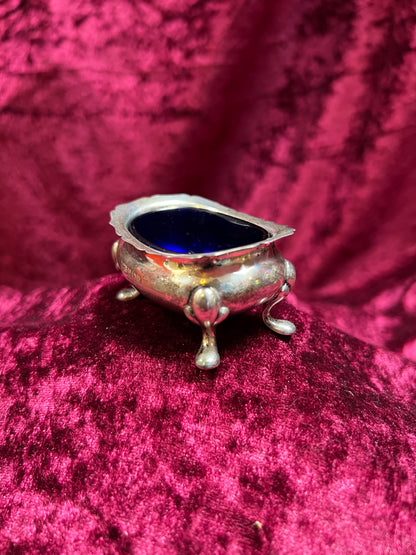 Vintage Kitchen - Footed Salt Cellar with Cobalt Blue Glass Insert - Sterling Silver - Hardy Bros - England