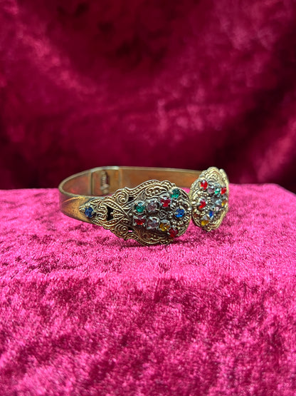 Vintage Jewelry - Hinged Bangle Bracelet - Multicolor Rhinestones in Ornate Brass Setting