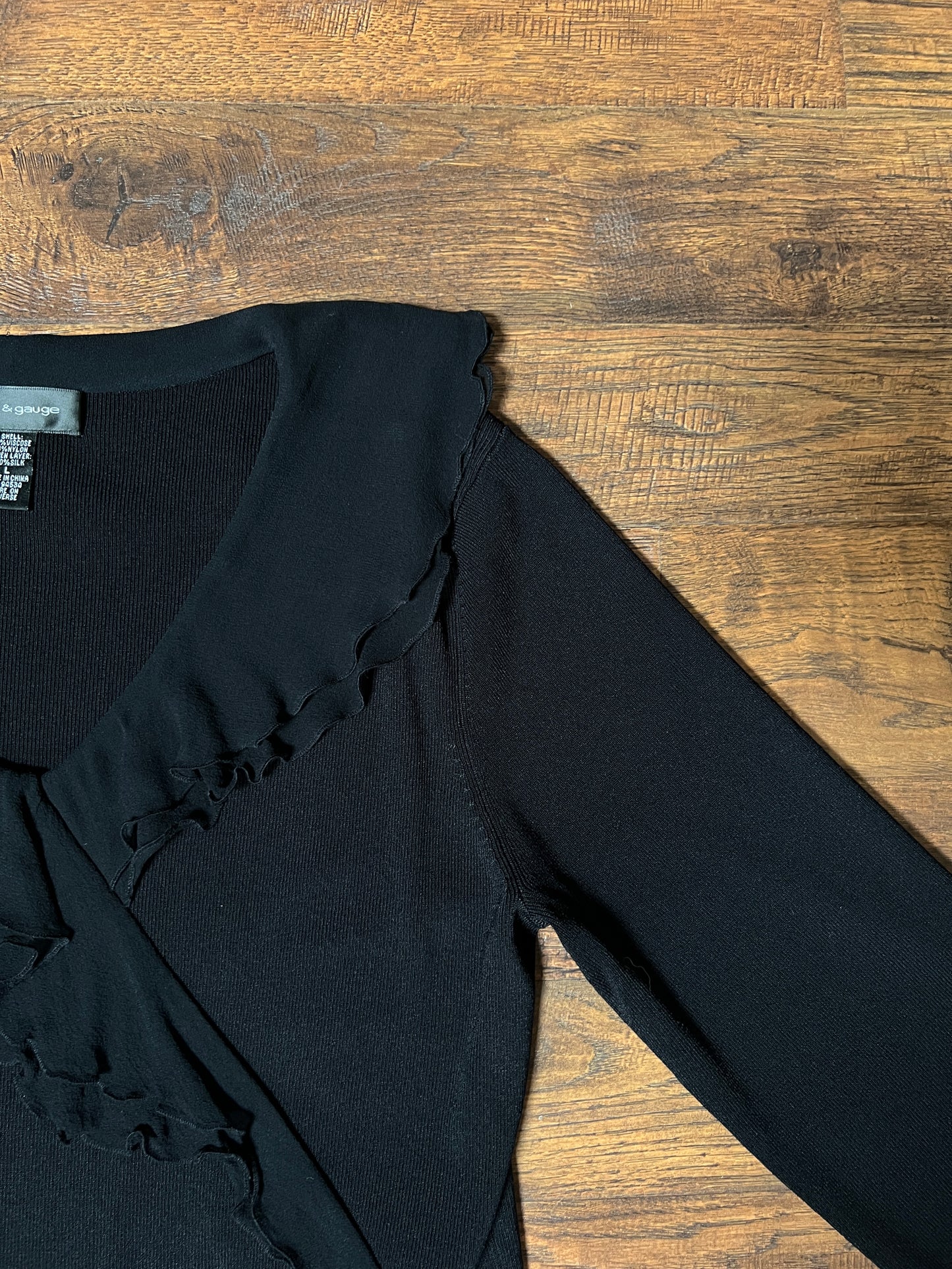 Vintage Cable & Gauge Knit Blouse - Black Ruffle Trim Wrap - Size Large