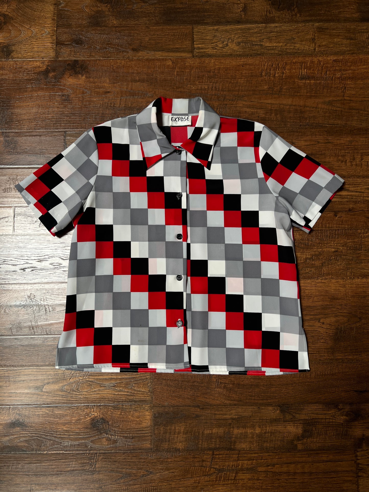 Vintage Exposé Blouse – Red Black Gray Checkerboard Print – Size Large