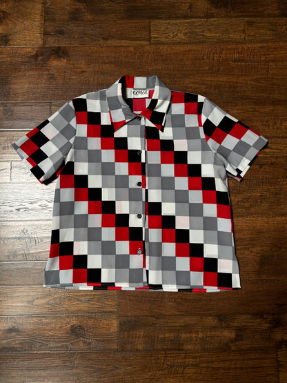 Vintage Exposé Blouse – Red Black Gray Checkerboard Print – Size Large