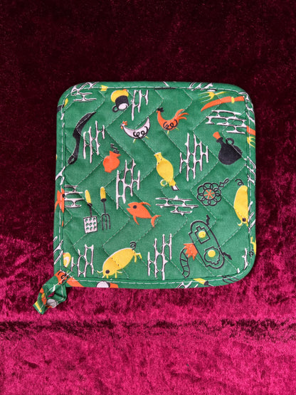 Vintage Cotton Pot Holder Set - Mid Century Barbecue Print in Green