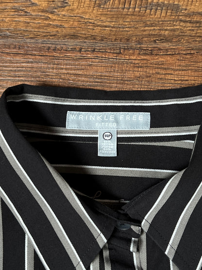 Vintage Foxcroft Fitted Blouse - Black Grey Striped Pleated Waist - Size Large