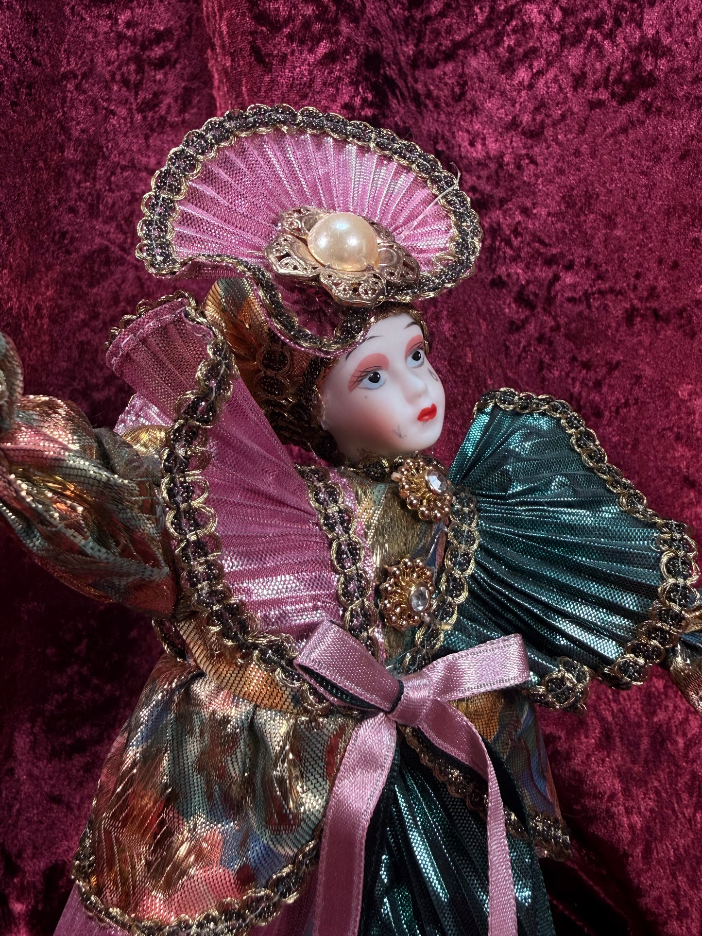 Vintage Porcelain Jester Doll – Metallic Pleated Costume Renaissance Figure - Pink Teal and Gold