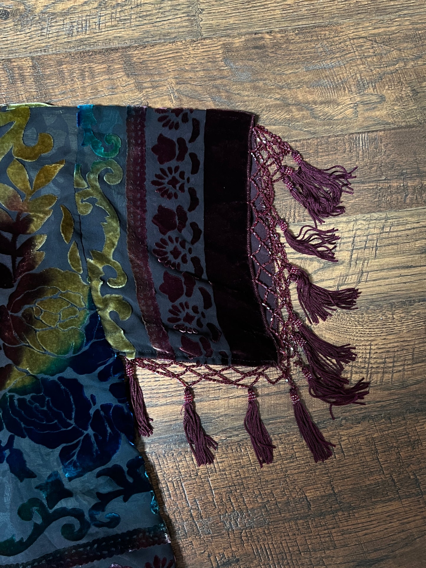 Vintage Velvet Burnout Shawl - Jewel Tone Floral Beaded Fringe Wrap - Size Small