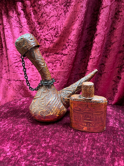 Vintage Barware - Tooled Leather Porron Decanter and Flask - Don Quixote and Patio De Los Leones