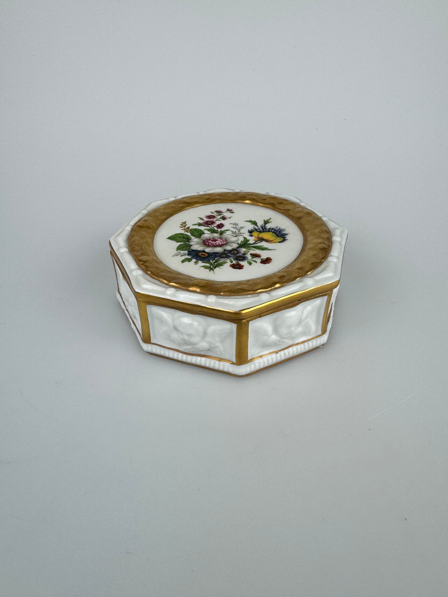 Vintage Capodimonte Italian Porcelain Octagonal Trinket Box - Floral with Cherubs