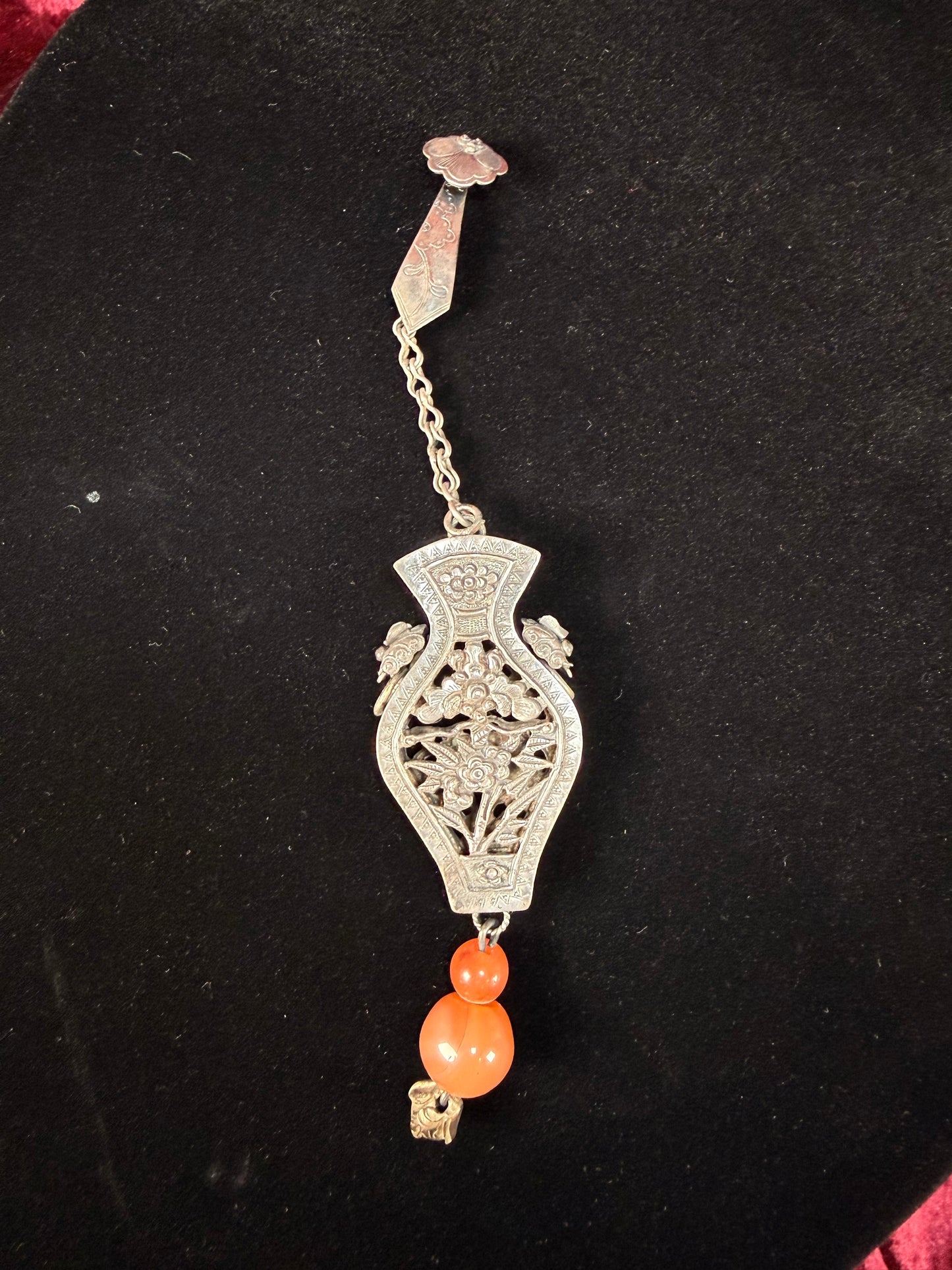 Antique Sterling Silver Needle Case Pendant Chatelaine – Carnelian Bead Late Qing Dynasty Style