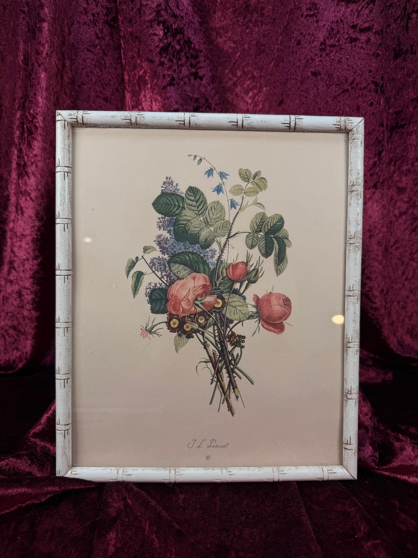 Vintage Framed Botanical Print – Floral Bouquet Bamboo Style Frame