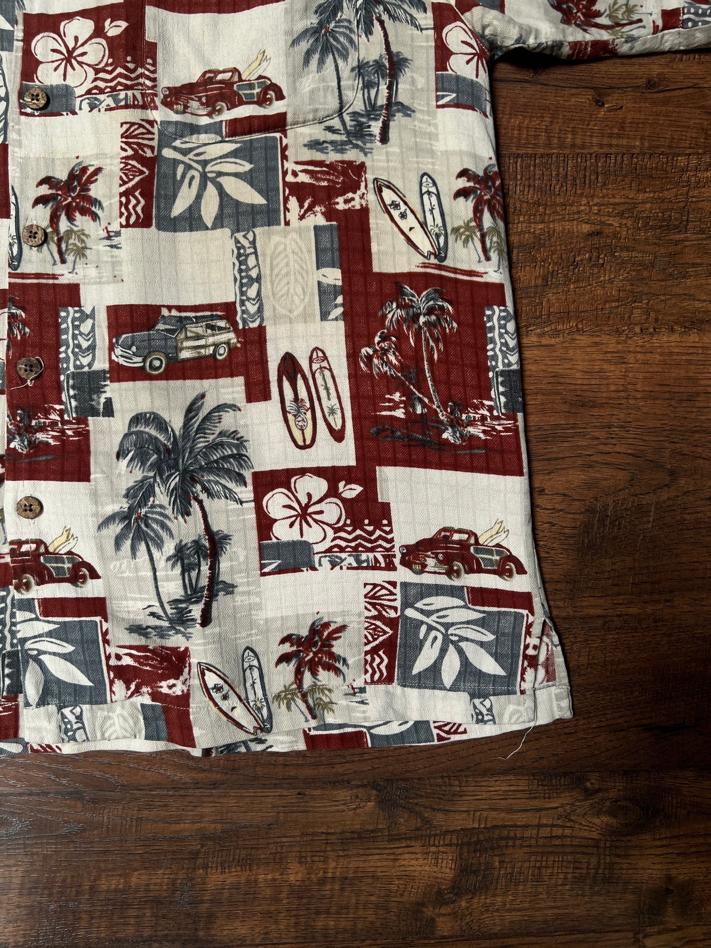 Vintage Paradise Blue Silk Rayon Shirt – Hawaiian Surf Car Print – Size Large