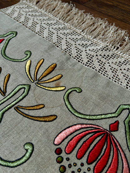 Vintage Linen Table Runner - Hand Embroidered Art Deco Florals Crochet Lace Fringe