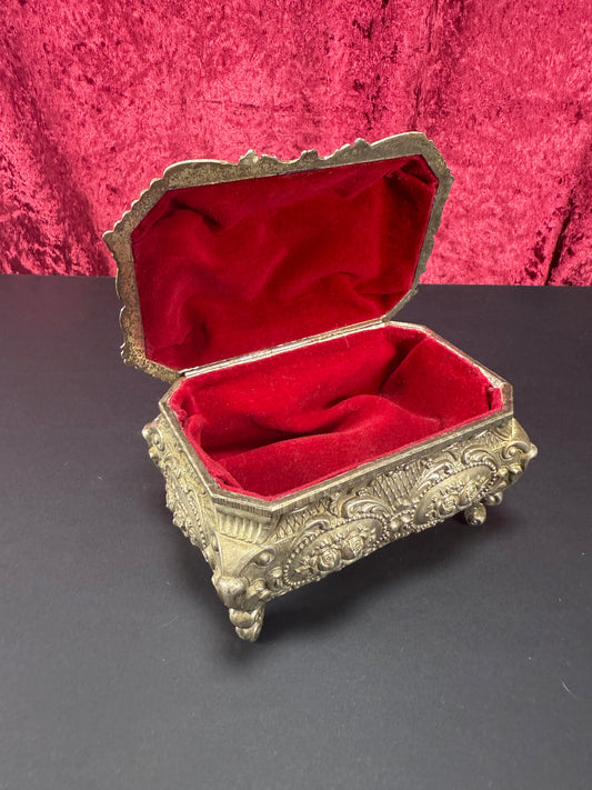 Vintage Vanity - Jewelry Box - Ornate Silver Floral Filigree - Red Velvet Lining - Footed