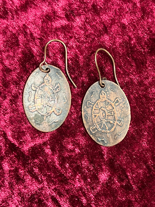 Vintage Jewelry - Drop Earrings - Copper Turtles