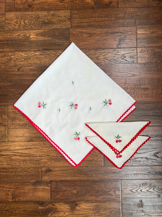 Vintage Linens - Matching Embroidered Tablecloth and Napkin Set - Red Cherries