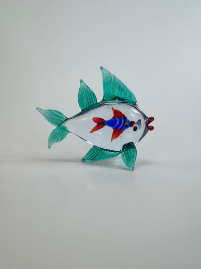 Teal & Clear Murano Style Glass Fish Sculpture - 3.25"