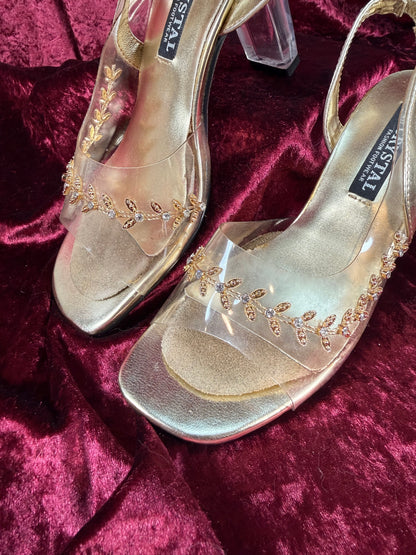 Vintage Shoes - Peep Toe Sling Backs with Lucite Heels and Gold Embellishments - Size 5