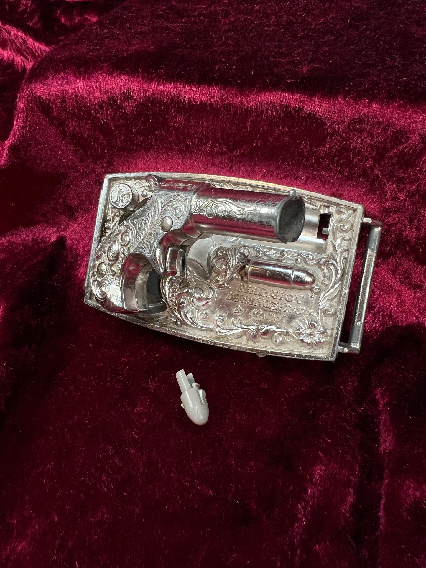Vintage Metal Belt Buckle - Agent Zero Remington Derringer Cap Gun - 1959 Mattel